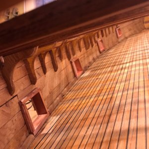 Mayflower Dartmouth Gun Deck, gun ports, knees, ceiling planking.jpg
