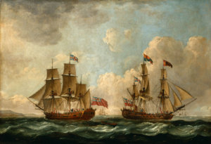 The_Peregrine_(later_renamed_the_Royal_Caroline)_in_Two_Positions_off_the_Coast)_by_John_Cleve...jpg