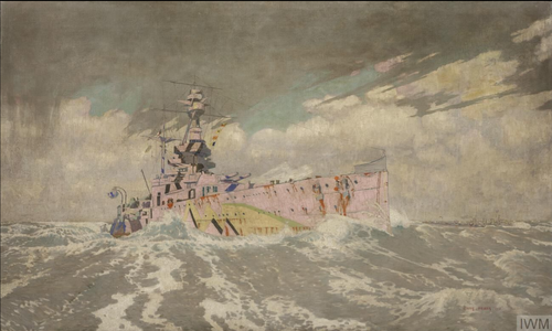 Charles Pears, 1917 - 'Dazzled'; A Camouflaged Battleship; HMS Ramillies in a gale of wind.png