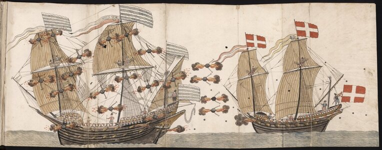 Swedish warship under attack by a Danish ship - Rudolf von Deventer, Bericht vom Pulver und Fe...jpg