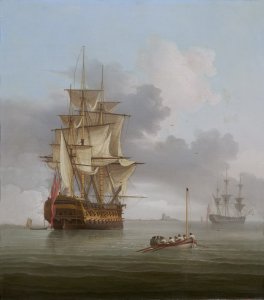 A_becalmed_man_o'war_firing_a_salute,_by_Thomas_Whitcombe.jpg